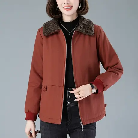 妈妈冬装加绒翻领外套女宽松加大码女装中老年休闲羊羔毛加厚棉服商品大图