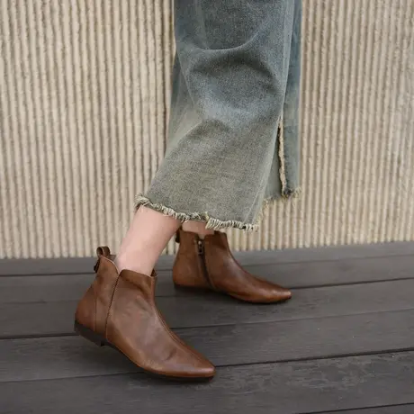 Artmu阿木原创复古尖头短靴女平底2023新款春秋单靴真皮棕色靴子图片