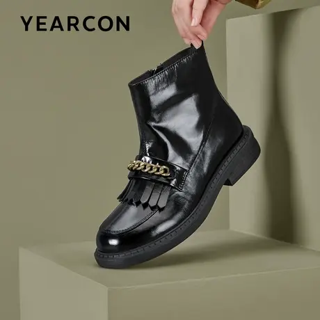 意尔康秋冬季时尚皮靴女英伦风低跟平底靴机车小皮鞋高级感短筒靴图片