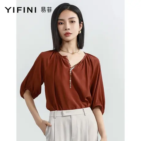 Yifini/易菲宽松V领衬衫女夏装新款白色薄款含真丝小衫上衣商品大图