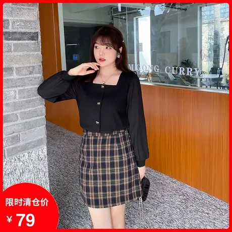 【清仓】新款方领套头减龄宽松显瘦胖MM大码上衣女打底针织衫黑色商品大图