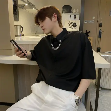 夏季男士衬衫短袖宽松中袖项链纯色百搭ins潮流休闲五分袖衬衣商品大图