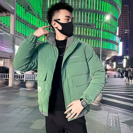 工装立领拼接格子假两件棉服外套男冬季2023口袋加厚防寒棉袄冬装图片