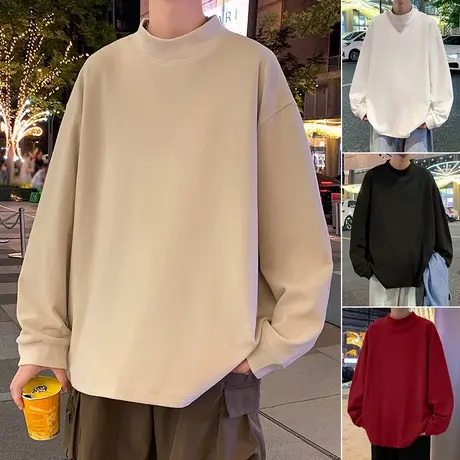 半高领德绒打底衫男春秋季2024新款纯色针织衫内搭情侣装长袖潮流商品大图