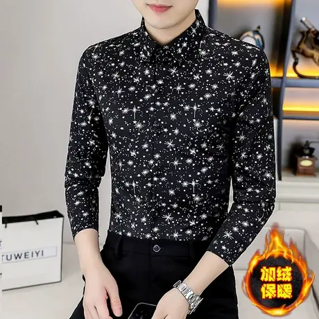 秋冬季加厚长袖衬衫男潮流帅气印花高级感休闲男装加绒保暖衬衣服商品大图