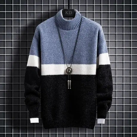 青少年半高领毛衣男秋冬季初中高中学生加绒加厚款保暖打底针织衫商品大图