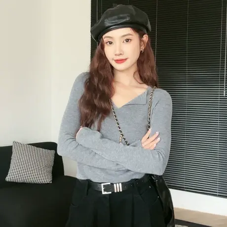 尔给2023早秋新款上衣气质显瘦修身灰色长袖v领薄款短款针织衫女商品大图