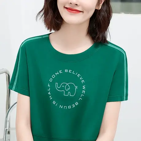 纯棉正肩t恤女2023年新款时尚宽松圆领上衣年轻妈妈洋气简约体恤商品大图