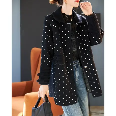 宝诗黎翻领波点宽松羊毛外套女春季2024新款时尚休闲显瘦开衫上衣商品大图