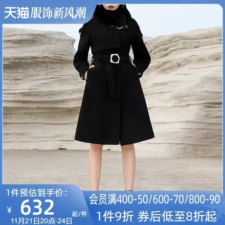 AUI黑色狐狸毛领毛呢外套女2023冬季新款中长款修身呢子大衣加厚商品大图