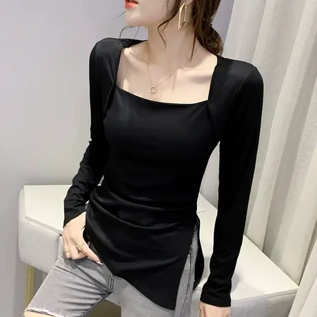 2024秋装新款不规则开叉T恤女长袖性感方领上衣洋气质百搭打底衫商品大图