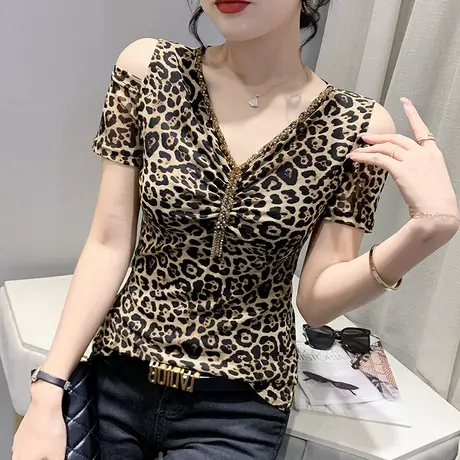 豹纹网纱T恤女性感露肩短袖小衫夏季2024新款时尚修身钉珠V领上衣商品大图
