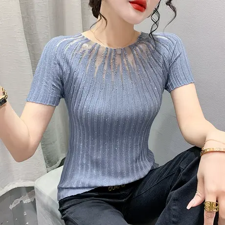 网纱拼接针织上衣女短袖欧货性感镂空紧身小衫洋气别致烫钻T恤夏商品大图