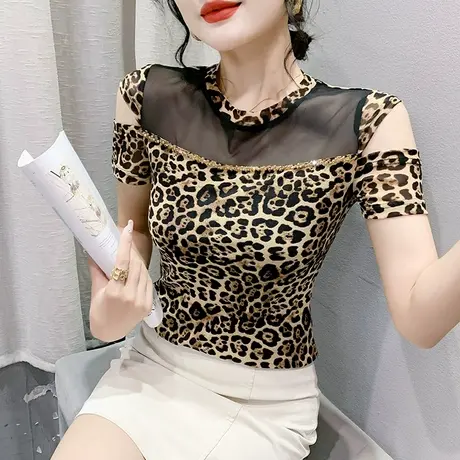 欧货豹纹T恤女短袖性感镂空露肩上衣洋气百搭小衫时尚钉珠体恤夏图片
