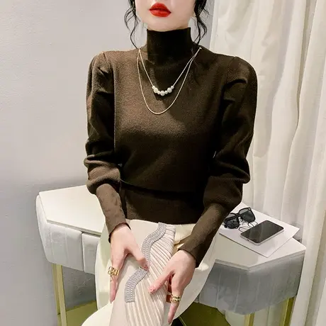 欧货复古泡泡袖高领毛衣气质减龄项链毛衣洋气修身套头内搭打底衫商品大图