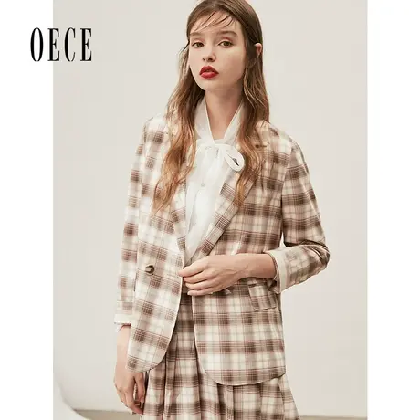 Oece复古英伦格纹小西装春秋新款气质修身西服外套图片