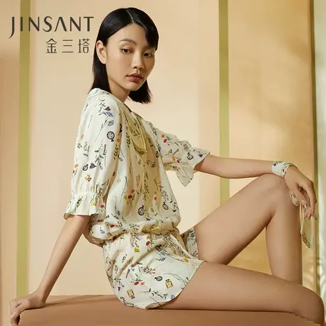 金三塔100%桑蚕丝真丝女士时尚印花宽松短袖衣裤套家居服23年新品图片