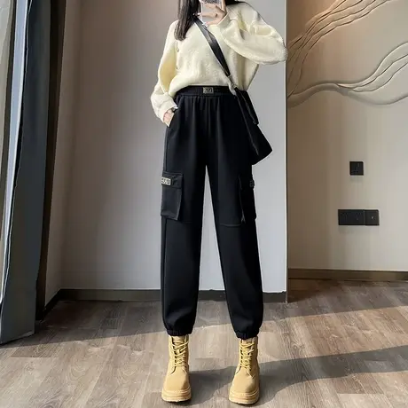 加绒工装裤女2023秋冬季新款高腰显瘦哈伦宽松休闲束脚直筒运动裤图片