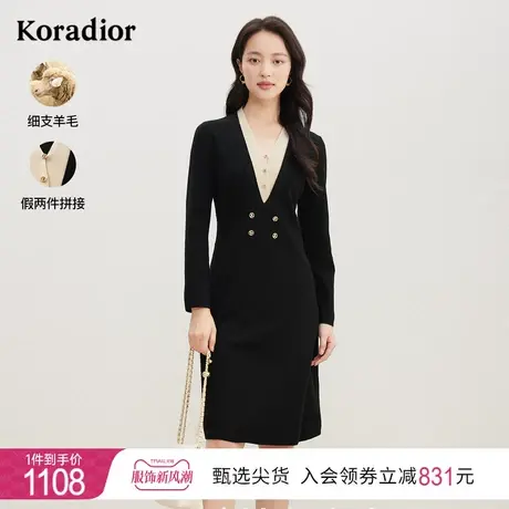 珂莱蒂尔女装秋冬新款羊毛拼接连衣裙显瘦H版型中长款针织裙图片
