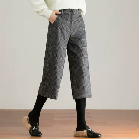 毛呢阔腿裤女冬季小个子七分裤八分裤格子裤直筒裤子秋冬羊毛女裤商品大图