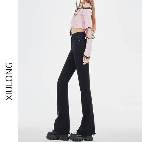 黑色毛边高腰微喇牛仔裤女秋春秋2023年新款美式显瘦阔腿喇叭裤子图片