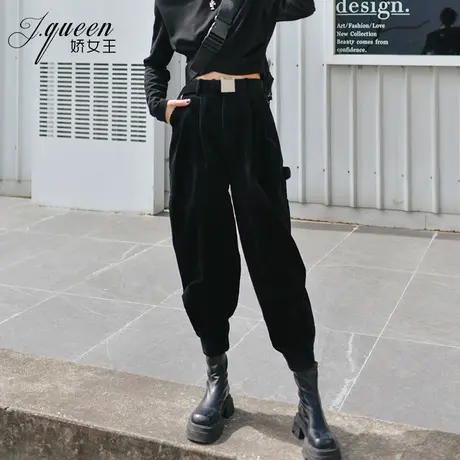 灯芯绒哈伦裤女春秋季新款黑色条绒宽松休闲工装束脚九分萝卜裤子商品大图