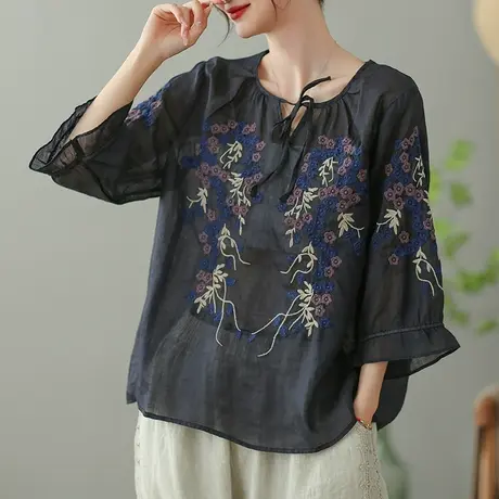 dza 复古重工刺绣苎麻衬衫女2023夏薄款套头衬衣宽松显瘦棉麻上衣图片