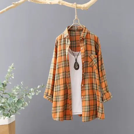 2024秋装新品文艺小清新格子长袖衬衫女宽松印花外套上衣学生衬衣商品大图
