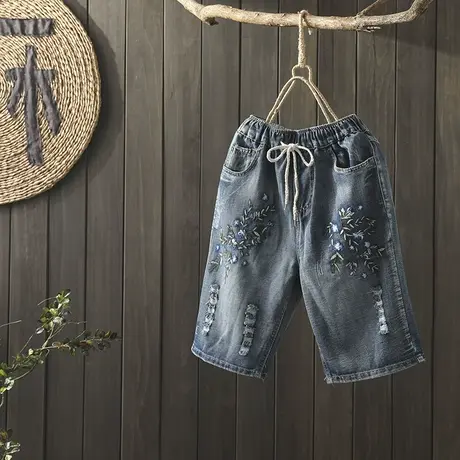 枫谜2019年夏季文艺原创刺绣牛仔五分裤女宽松大码破洞牛仔中裤图片