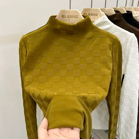 半高领加绒打底衫女长袖上衣秋冬新款格子设计感显瘦薄绒磨毛t恤商品大图