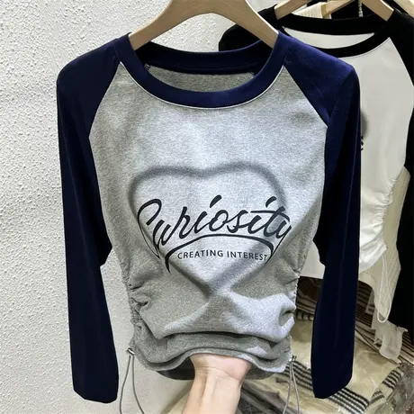 美式印花圆领字母撞色修身T恤女长袖2023早秋新款上衣抽褶打底衫图片