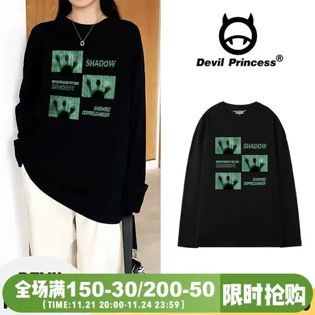 欧美风炸街ins潮牌黑色长袖T恤女oversize超火2024年春夏新款上衣图片