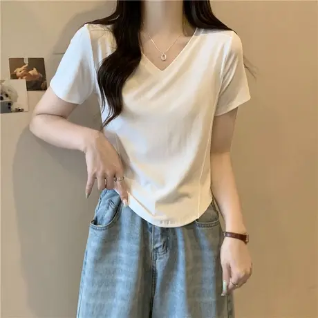 小众别致V领短袖T恤女纯棉夏装韩版百搭显瘦修身打底小衫上衣半袖商品大图