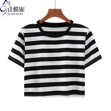 夏季新款韩版圆领短款纯欲宽松侧开叉条纹纯棉短袖体恤上衣内搭女商品大图