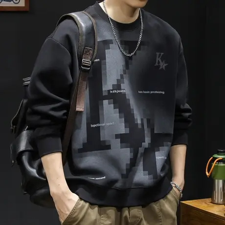 潮牌重磅卫衣男春秋款圆领男款黑色衣服春季2024新款长袖大码印花商品大图