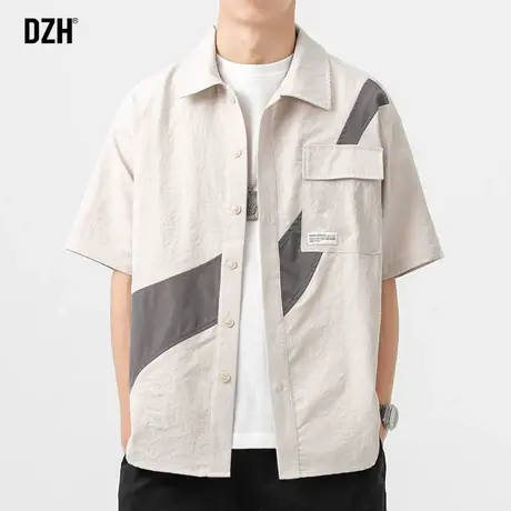 男士工装衬衫拼接短袖男潮牌潮流痞帅男装夏季薄款衣服半截袖衬衣商品大图