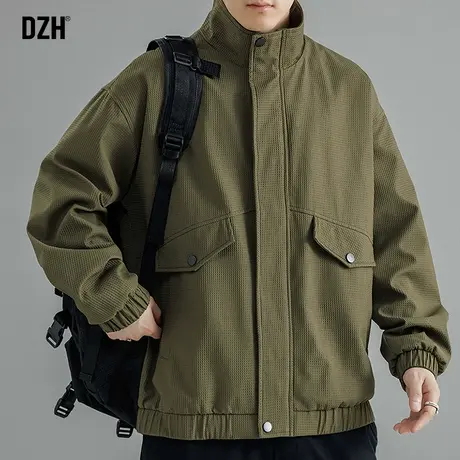 男士工装立领外套男春秋款潮流百搭美式夹克军绿色上衣2024年新款图片