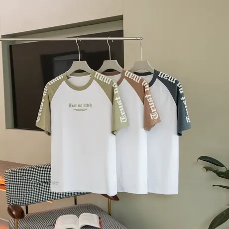 白色圆领短袖T恤男夏季宽松潮牌拼接潮流简约百搭内搭半袖体恤衫商品大图