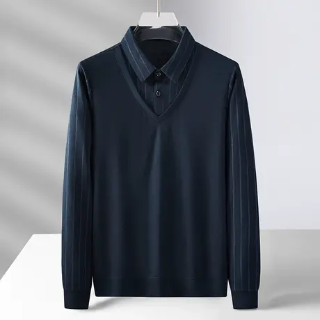 秋冬季假两件商务男士长袖衬衫条纹双面绒磨毛爸爸装中年男打底衫商品大图