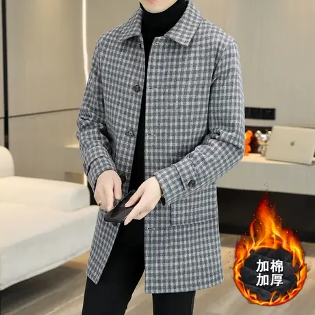 加棉加厚男士毛呢大衣日系格子中长款风衣休闲加肥加大码呢子外套图片