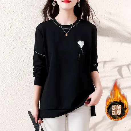 秋冬季加绒卫衣女宽松加肥大码女装中年妈妈减龄百搭加厚显瘦上衣商品大图