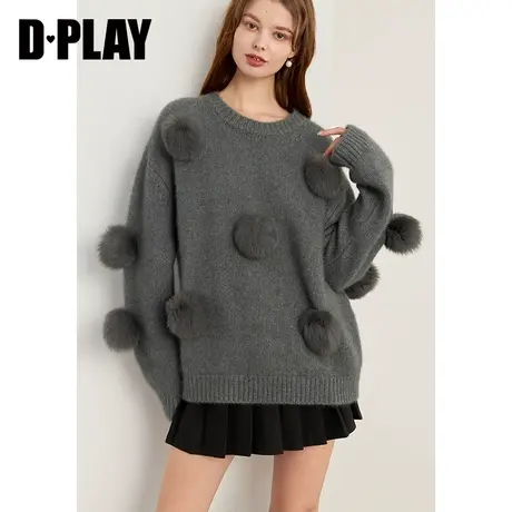 DPLAY冬休闲风灰色圆领落肩长袖宽松含羊毛针织毛衣女商品大图