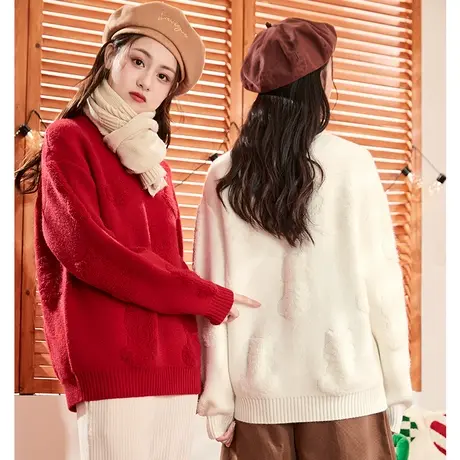 唐狮红色毛衣女立体图案新年秋冬慵懒风设计感圆领套头净色毛衫商品大图