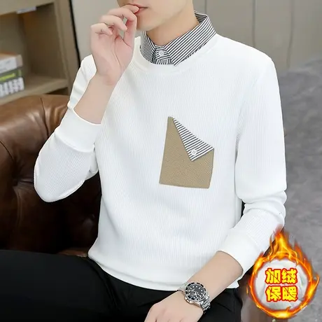 假两件t恤男秋冬季加绒加厚衬衫领卫衣潮牌保暖内搭打底冬装衣服商品大图