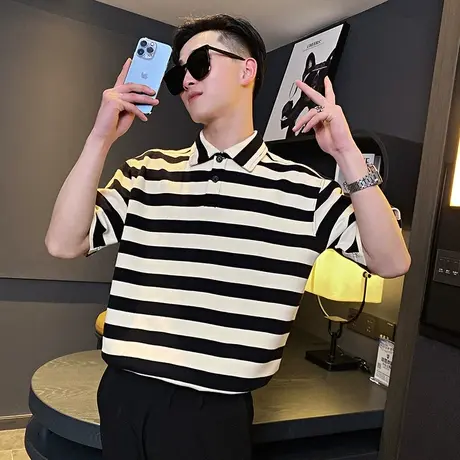夏季男polo衫t恤短袖修身翻领半袖个性条纹时尚休闲学生青年体恤图片