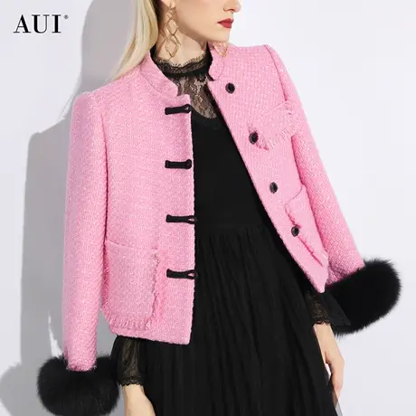 AUI粉色新中式减龄短款外套女2023冬季新款气质小香风上衣加羽绒图片