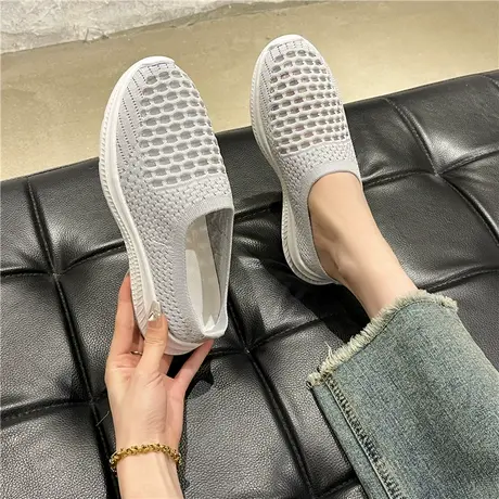 懒人包头半拖鞋女夏天外穿黑色无后跟妈妈老北京布鞋一脚蹬洞洞鞋商品大图