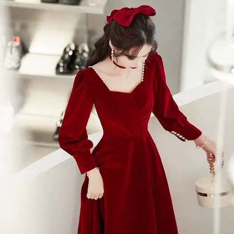 长袖敬酒服新娘2024新款春季红色回门服结婚订婚礼服连衣裙高级感图片