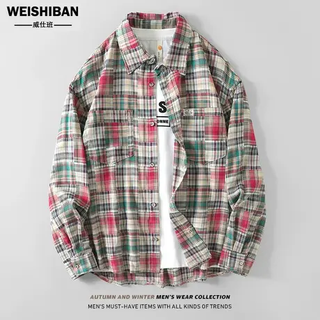 高街复古拼接格子长袖叠穿衬衫春秋季美式休闲宽松廓形无性别衬衣商品大图