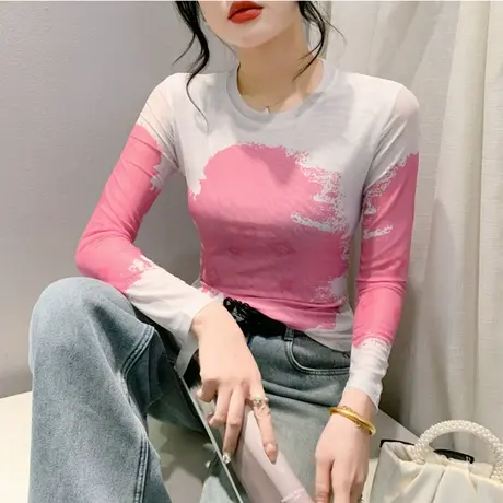 时尚撞色网纱印花长袖打底衫气质减龄内塔上衣女修身百塔T恤春装图片